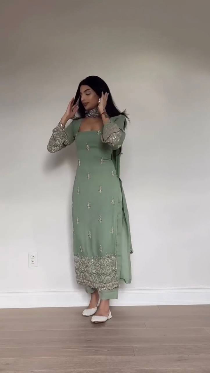 Elegant Faux Georgette Embroidered Straight Kurta Pant Set with Dupatta
