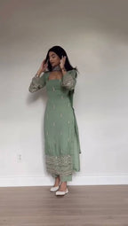 Elegant Faux Georgette Embroidered Straight Kurta Pant Set with Dupatta
