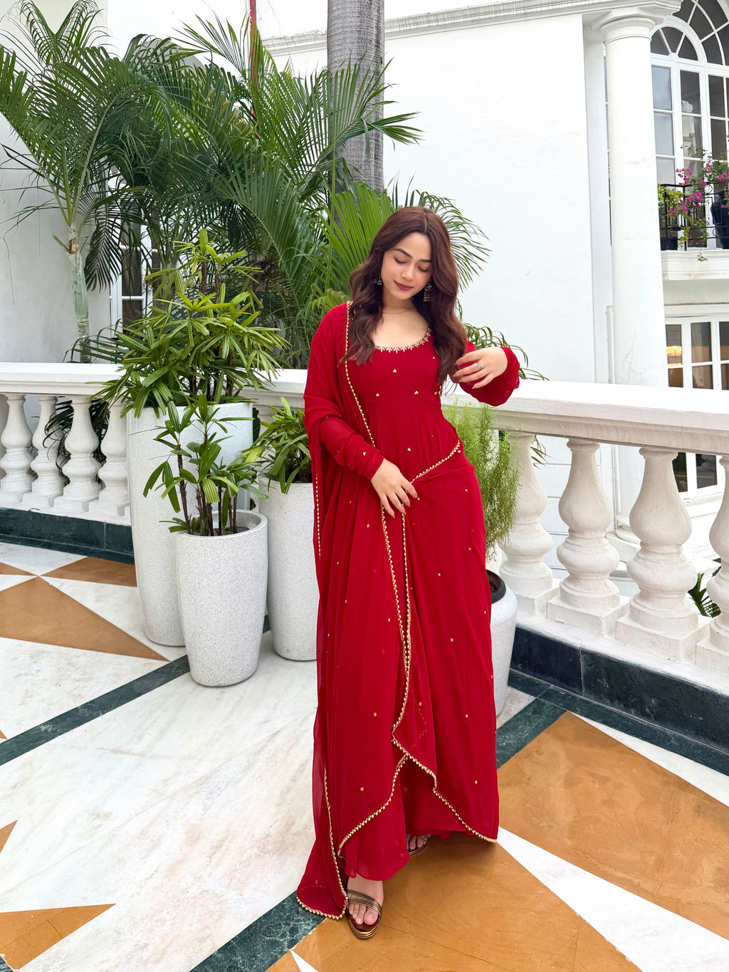 Red Anarkali Suit with Handwork & Pearl Work