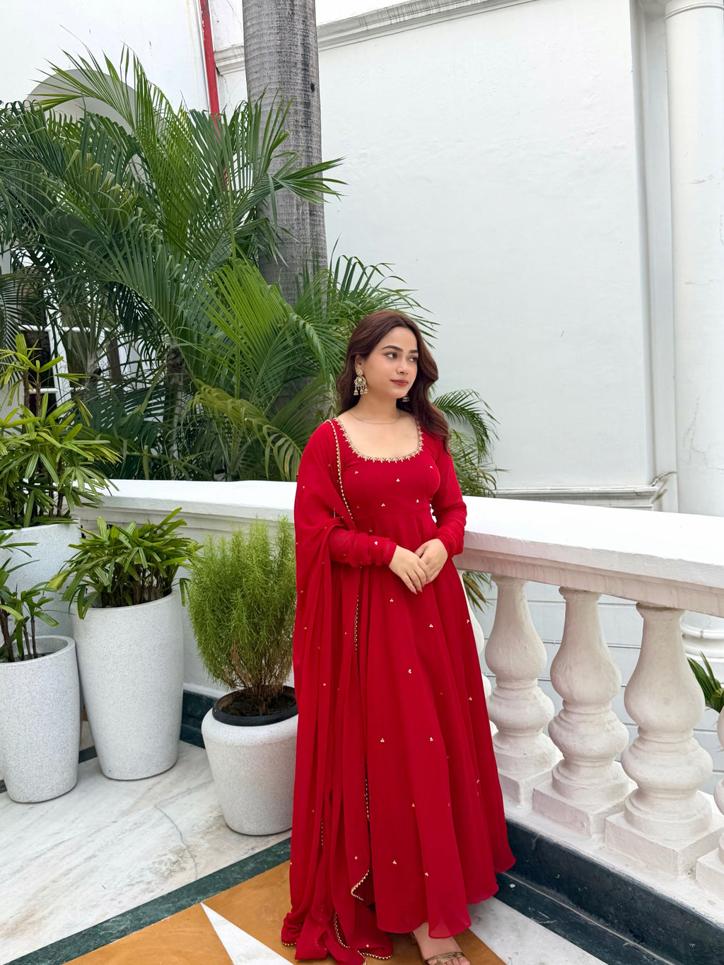 Red Anarkali Suit with Handwork & Pearl Work