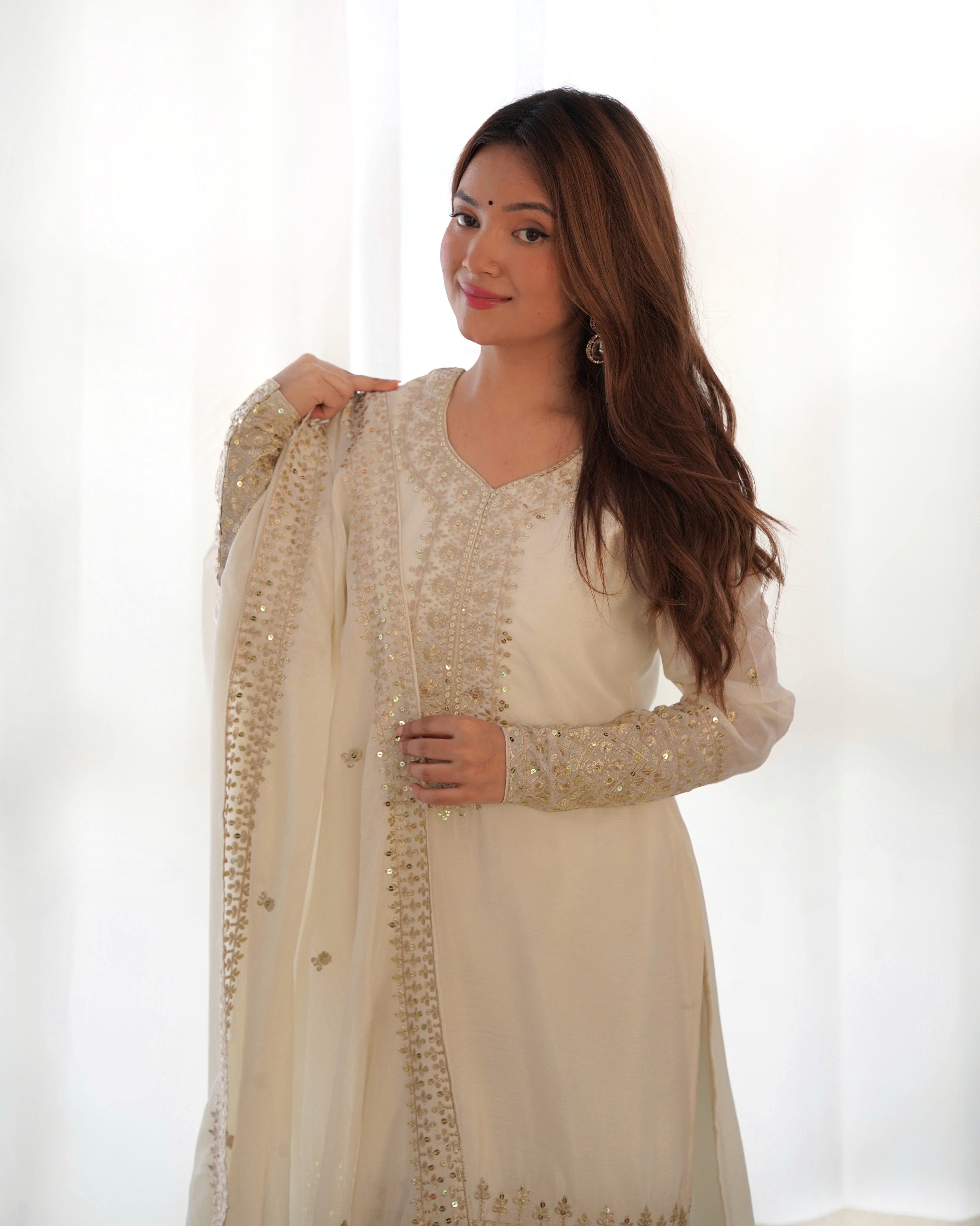 Ivory Pure Chinon Silk Straight Fit Kurta Set with Embroidery, Zari Work & Dupatta – Ready to Wear