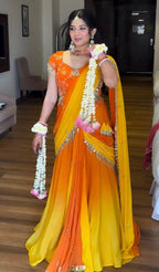 Designer Haldi Georgette Lehenga Saree with Embroidery Sequence & Real Mirror Work Border