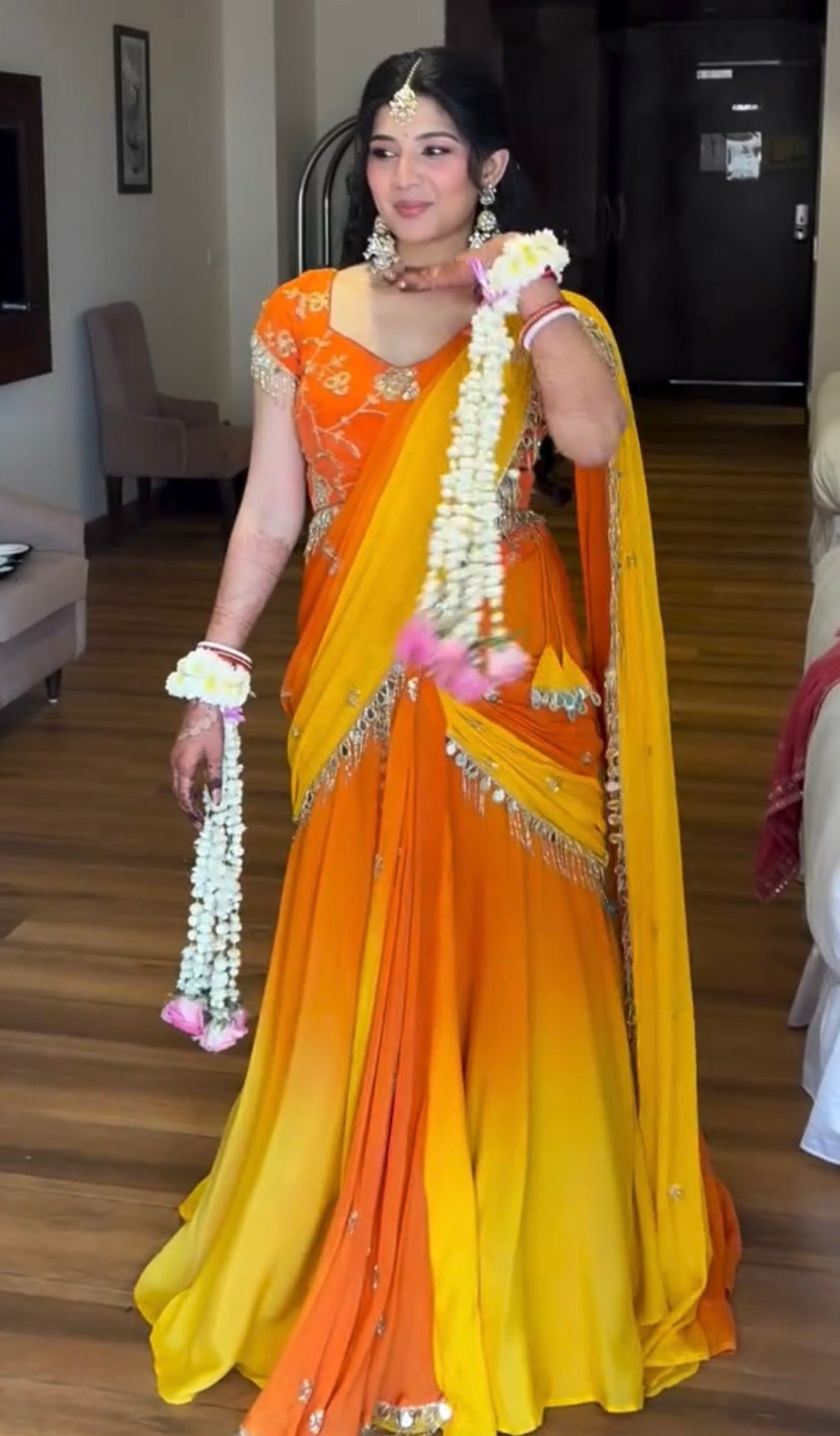 Designer Haldi Georgette Lehenga Saree with Embroidery Sequence & Real Mirror Work Border