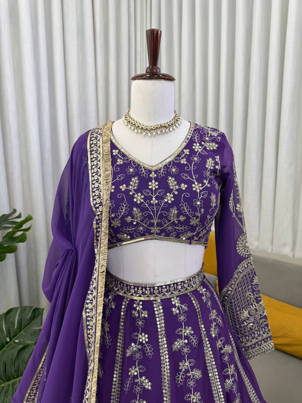 Royal Purple Faux Georgette Heavy Embroidered Lehenga Choli Set with Dupatta