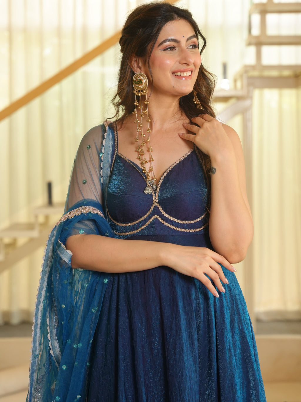 Designer Royal Blue Fendy Silk Gown with Pant Set & Net Dupatta