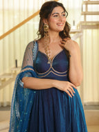 Designer Royal Blue Fendy Silk Gown with Pant Set & Net Dupatta