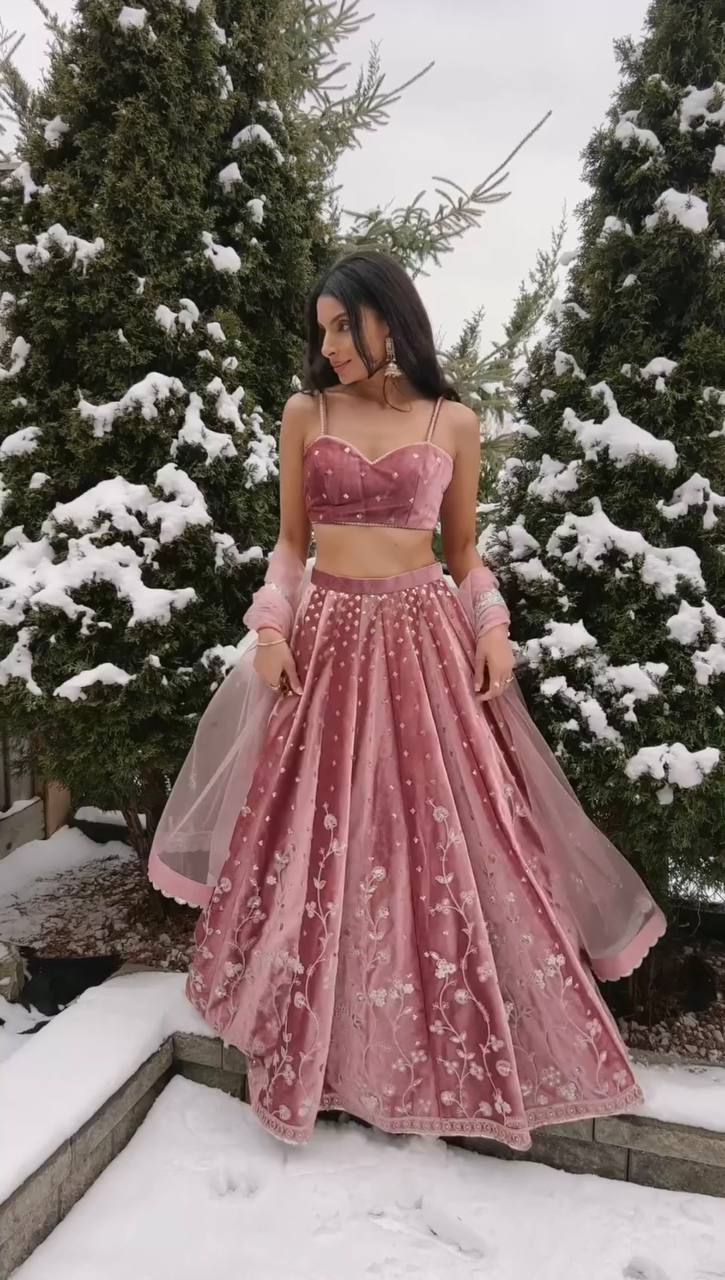 Dusty Rose Japan Satin Designer Lehenga Choli with Coding Dori Sequence Work & Butterfly Net Dupatta