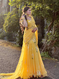 Designer Yellow Soft Georgette Lehenga Saree with Pearl & Floral Print Work
