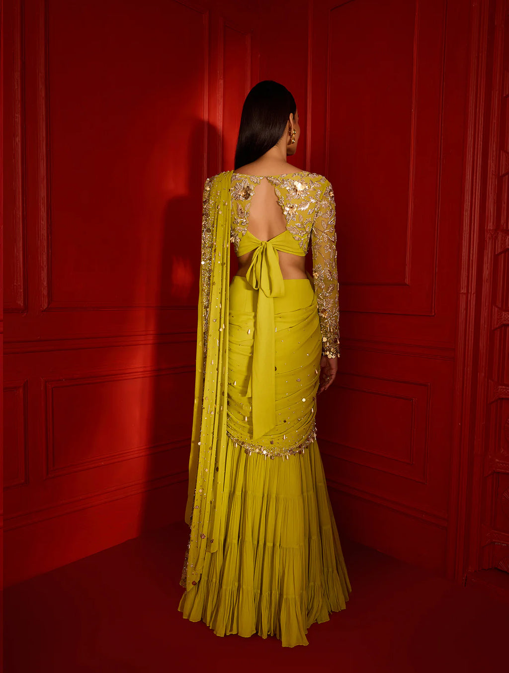 Lemon Lehenga Saree With Beads Hand Work