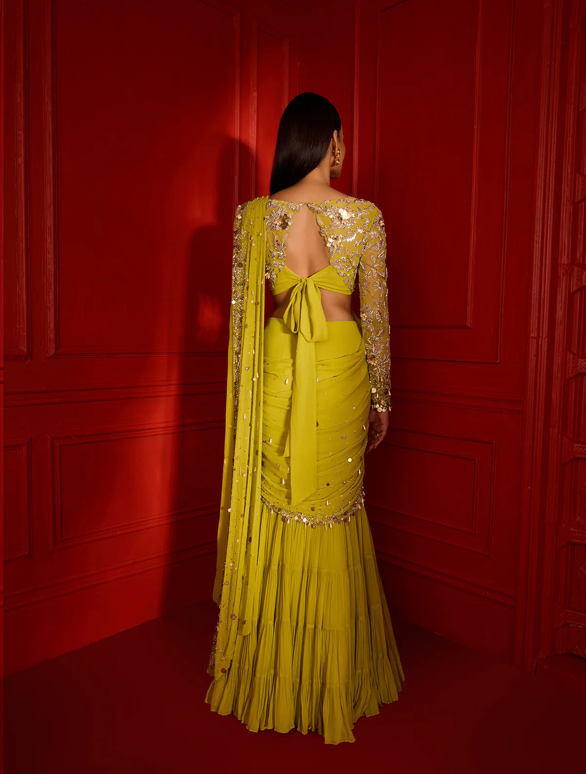 Lemon Lehenga Saree With Beads Hand Work