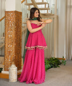 Pink Bandhani Print Fully Stitched Suit Sharara Set with Green Dupatta