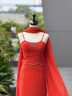 Flame Red Georgette Fishcut Skirt Set with Diamond Work Blouse & Dupatta