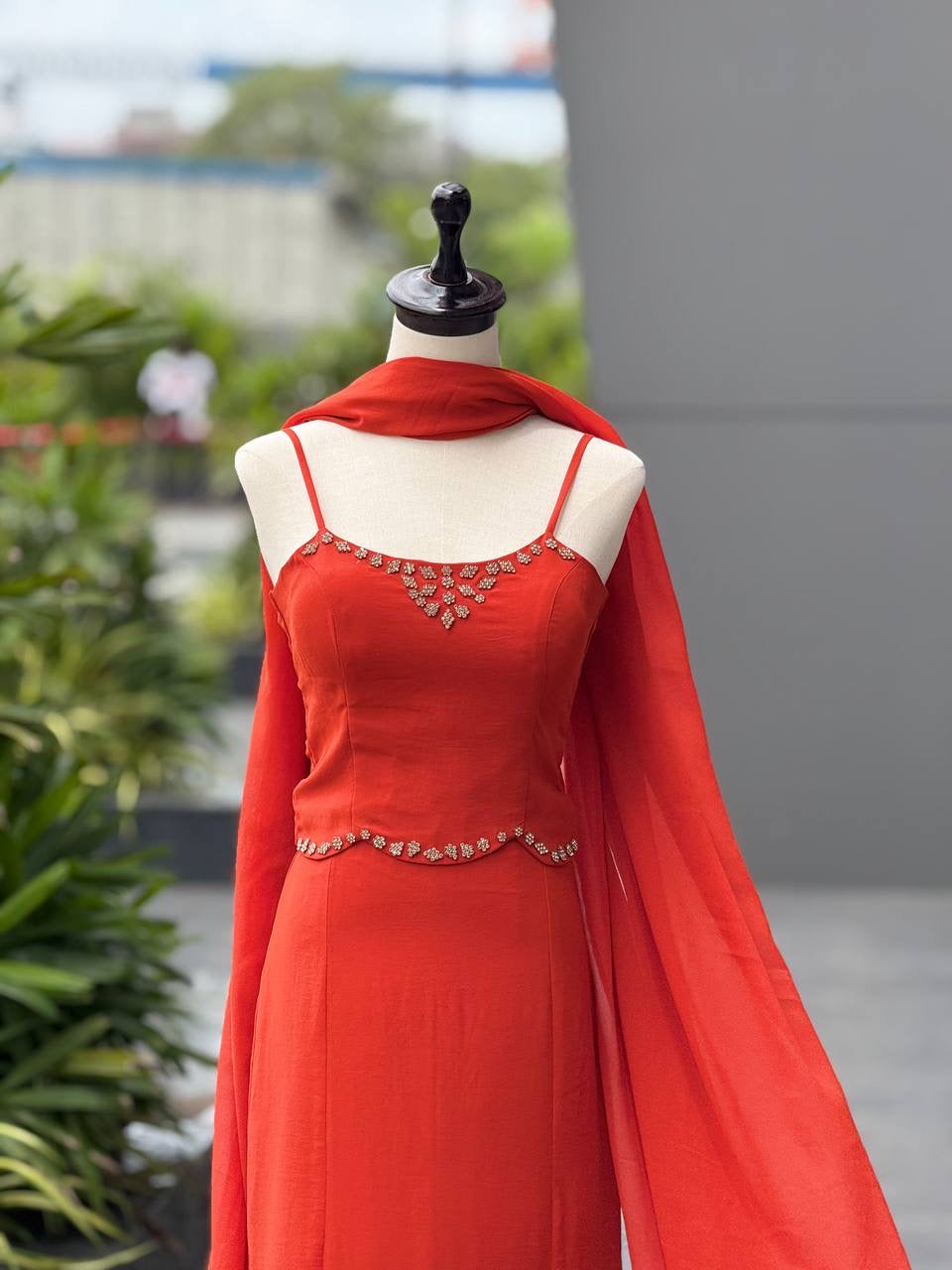 Flame Red Georgette Fishcut Skirt Set with Diamond Work Blouse & Dupatta