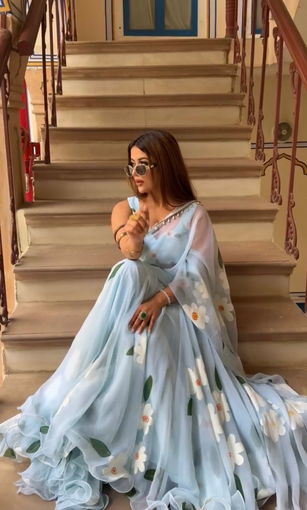 Designer Sky Blue Soft Georgette Ready-to-Wear Lehenga Saree with Floral Print & Pearl Lace Border