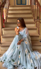 Designer Sky Blue Soft Georgette Ready-to-Wear Lehenga Saree with Floral Print & Pearl Lace Border