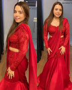 Designer Red Ready-to-Wear Satin Silk Saree with Embroidery & Sequence Work