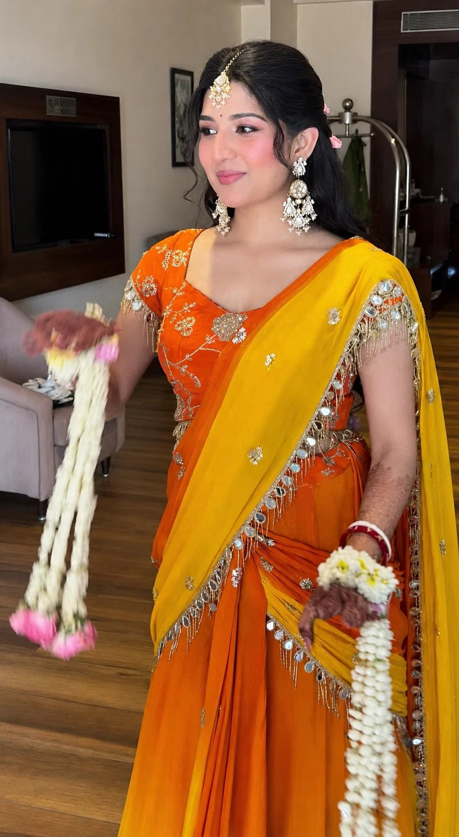 Designer Haldi Georgette Lehenga Saree with Real Mirror Work Border