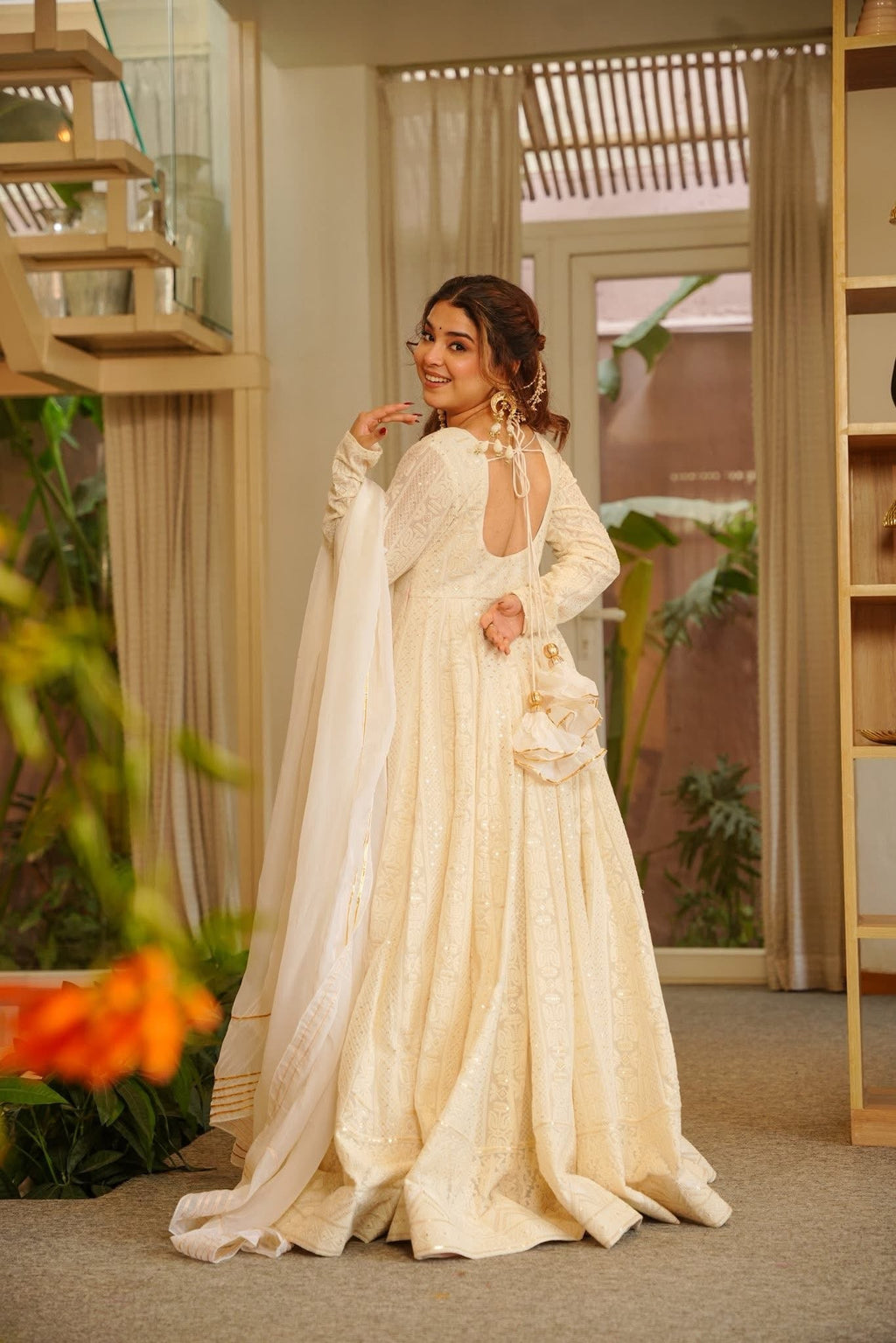 Elegant Off-White Soft Georgette Anarkali Suit with Heavy Sequins and Zari Embroidery