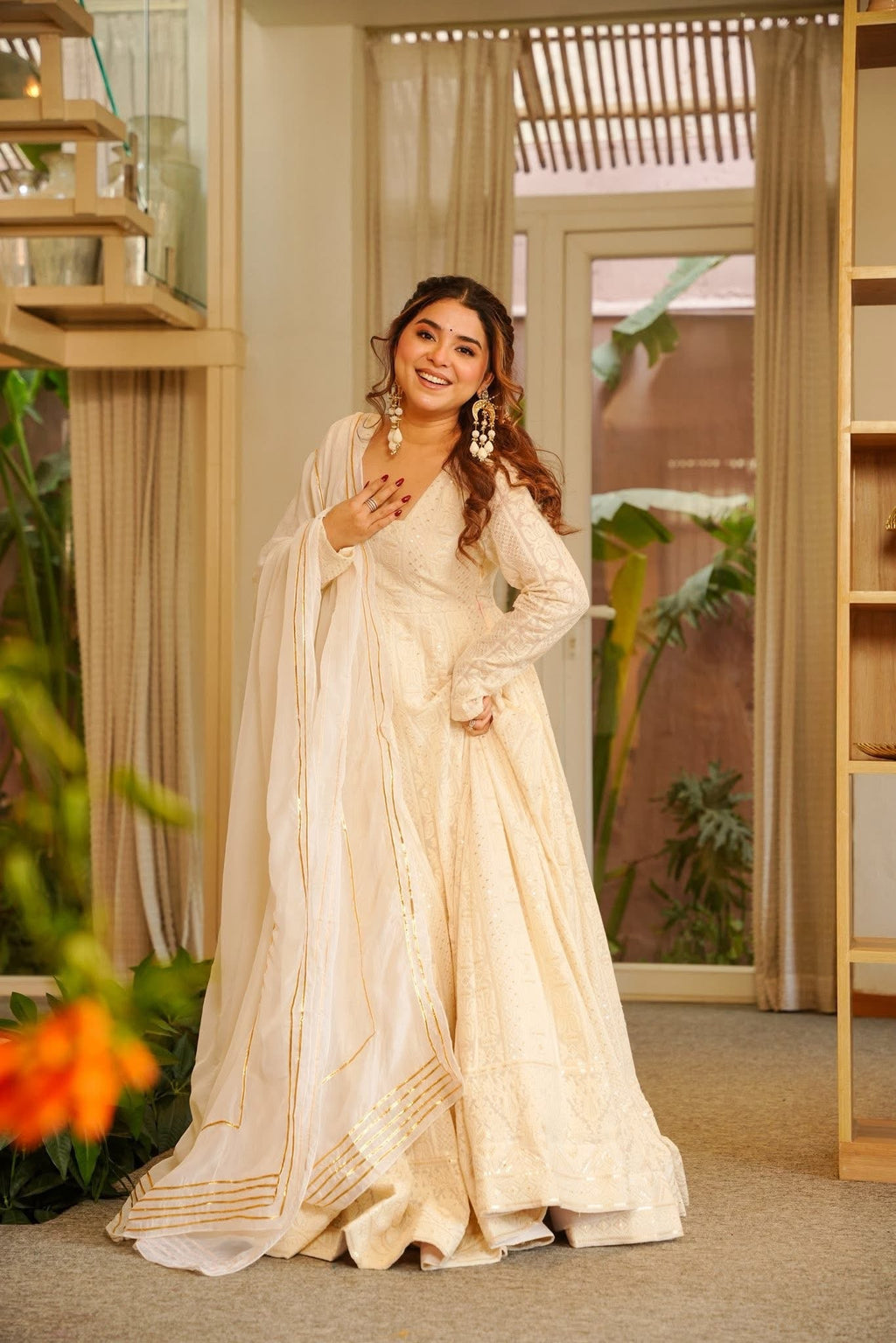 Elegant Off-White Soft Georgette Anarkali Suit with Heavy Sequins and Zari Embroidery