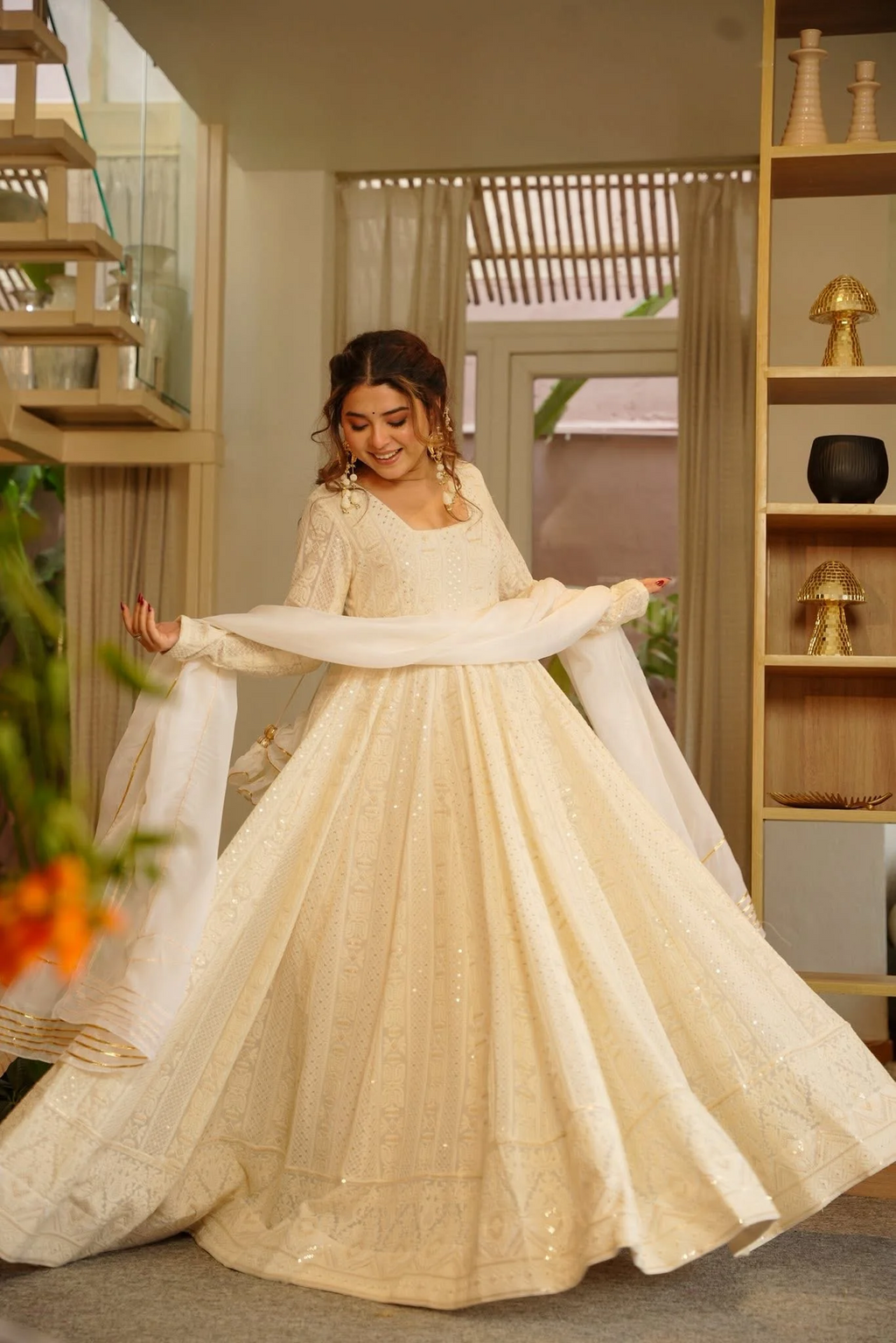 Elegant Off-White Soft Georgette Anarkali Suit with Heavy Sequins and Zari Embroidery