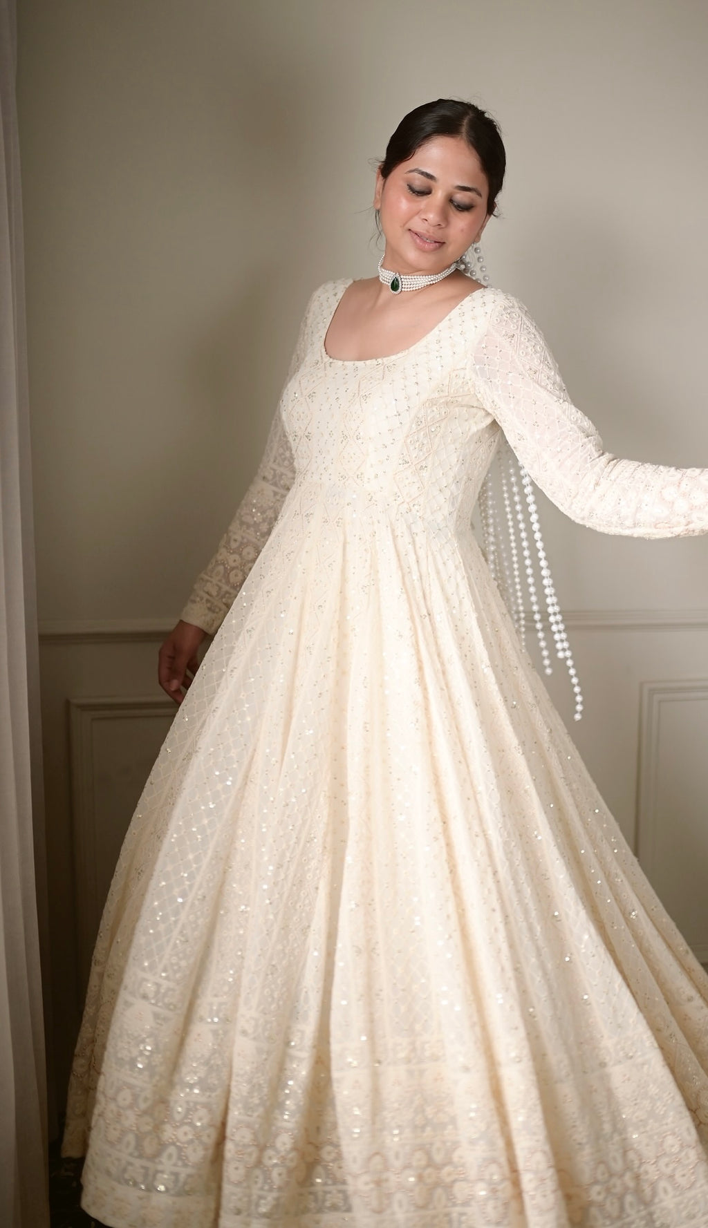 Lucknowi Special Premium Off-White Soft Georgette Anarkali Suit Set with 3mm Sequins & Zari Work