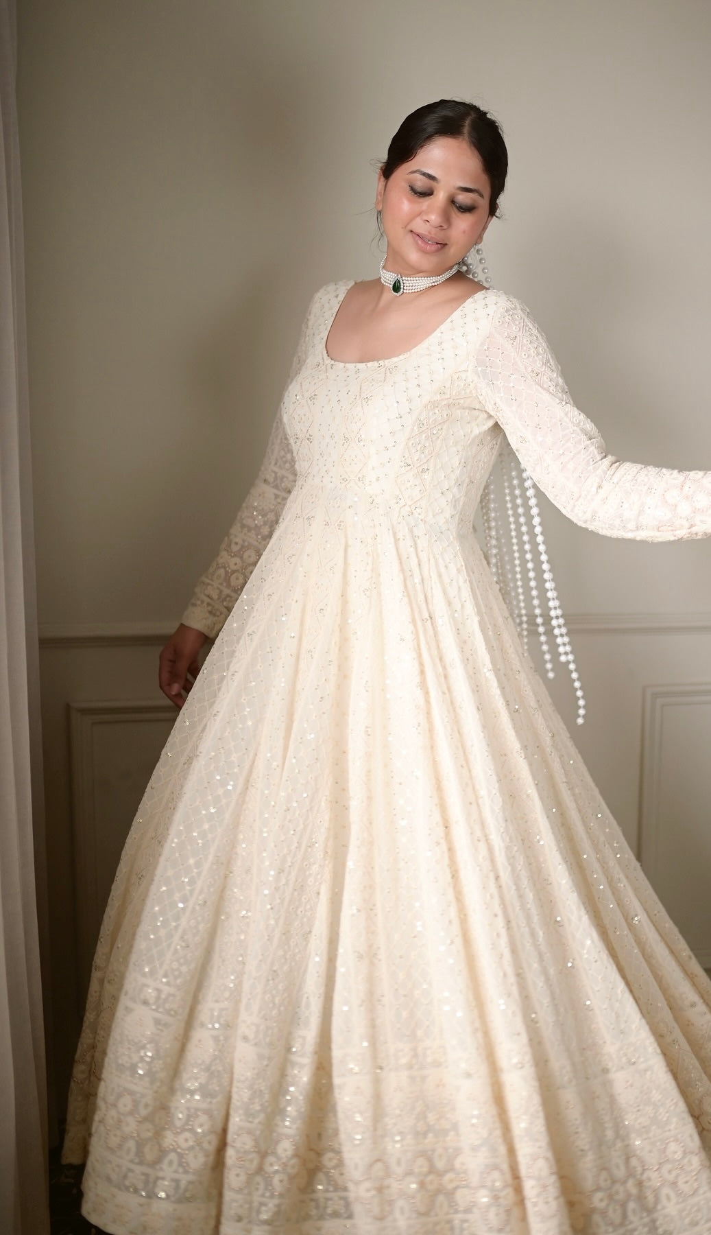 Lucknowi Special Premium Off-White Soft Georgette Anarkali Suit Set with 3mm Sequins & Zari Work