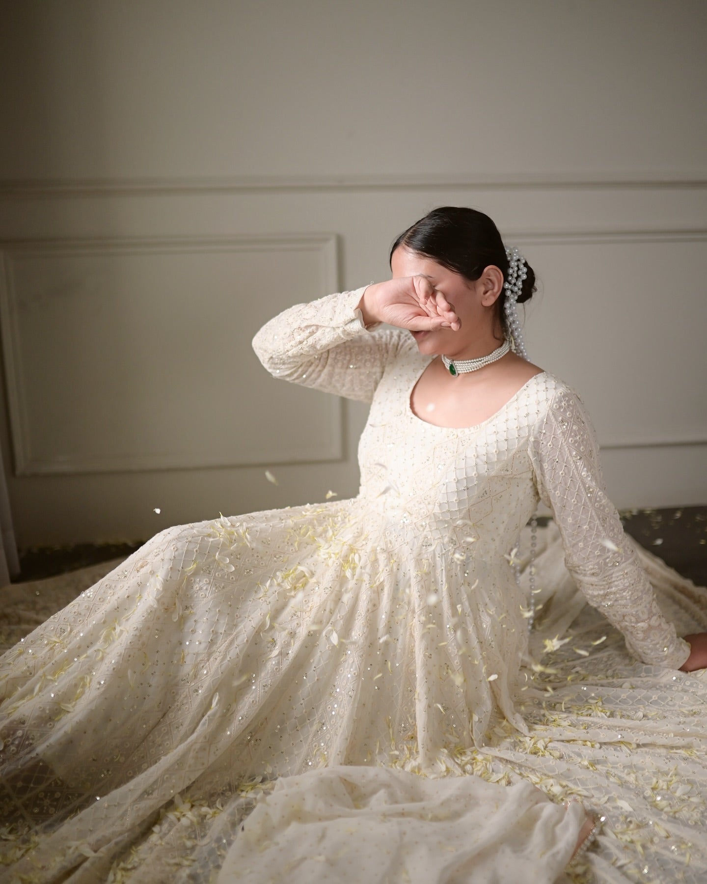Lucknowi Special Premium Off-White Soft Georgette Anarkali Suit Set with 3mm Sequins & Zari Work