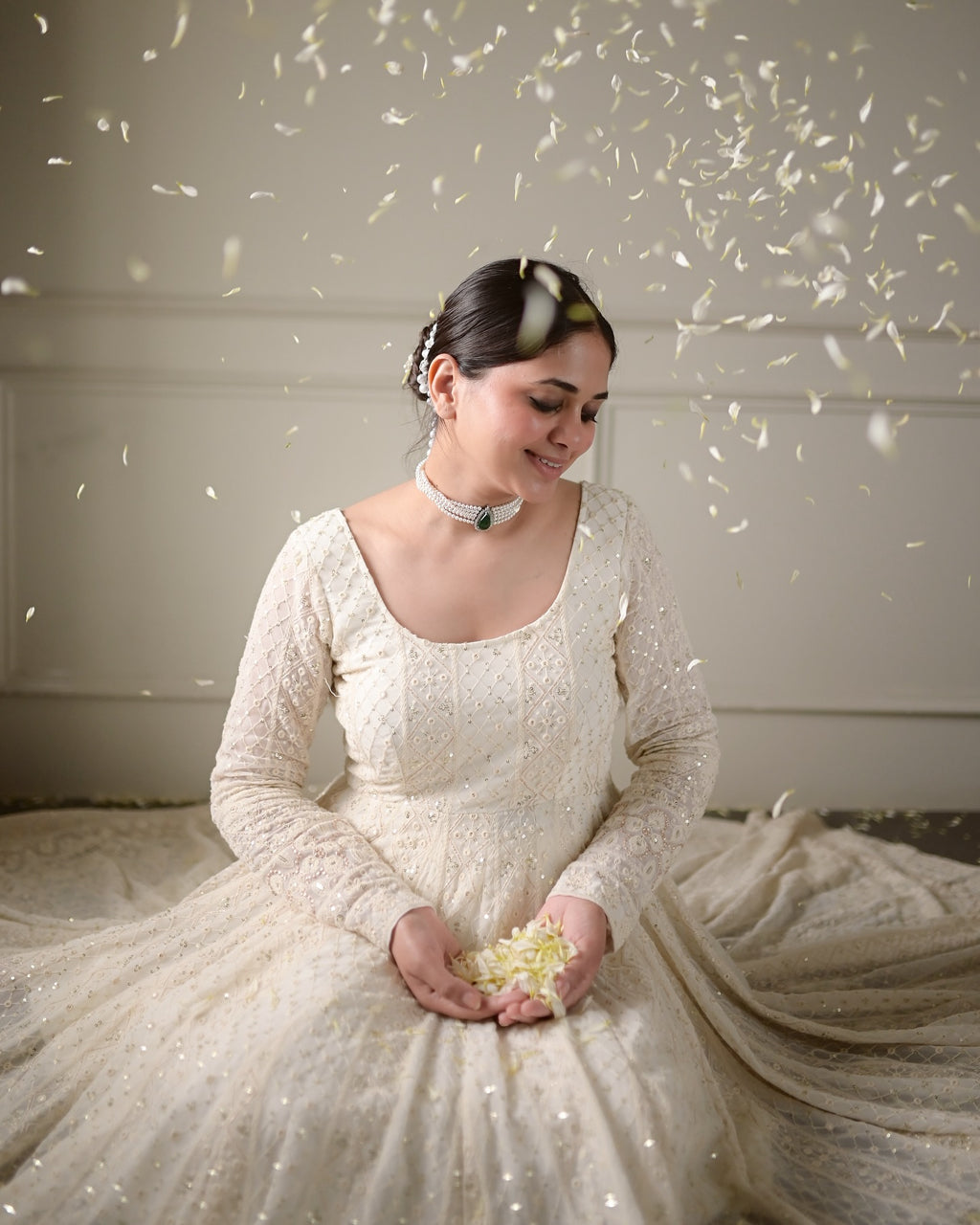 Lucknowi Special Premium Off-White Soft Georgette Anarkali Suit Set with 3mm Sequins & Zari Work