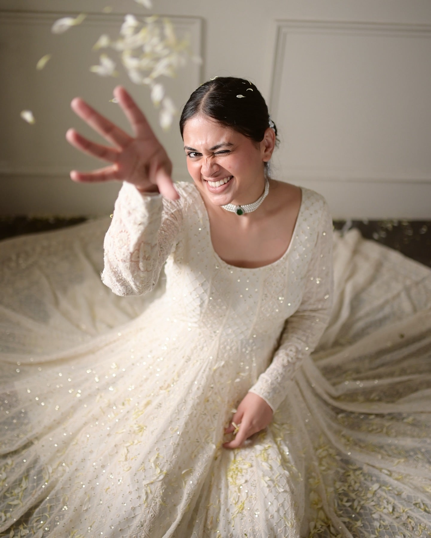 Lucknowi Special Premium Off-White Soft Georgette Anarkali Suit Set with 3mm Sequins & Zari Work