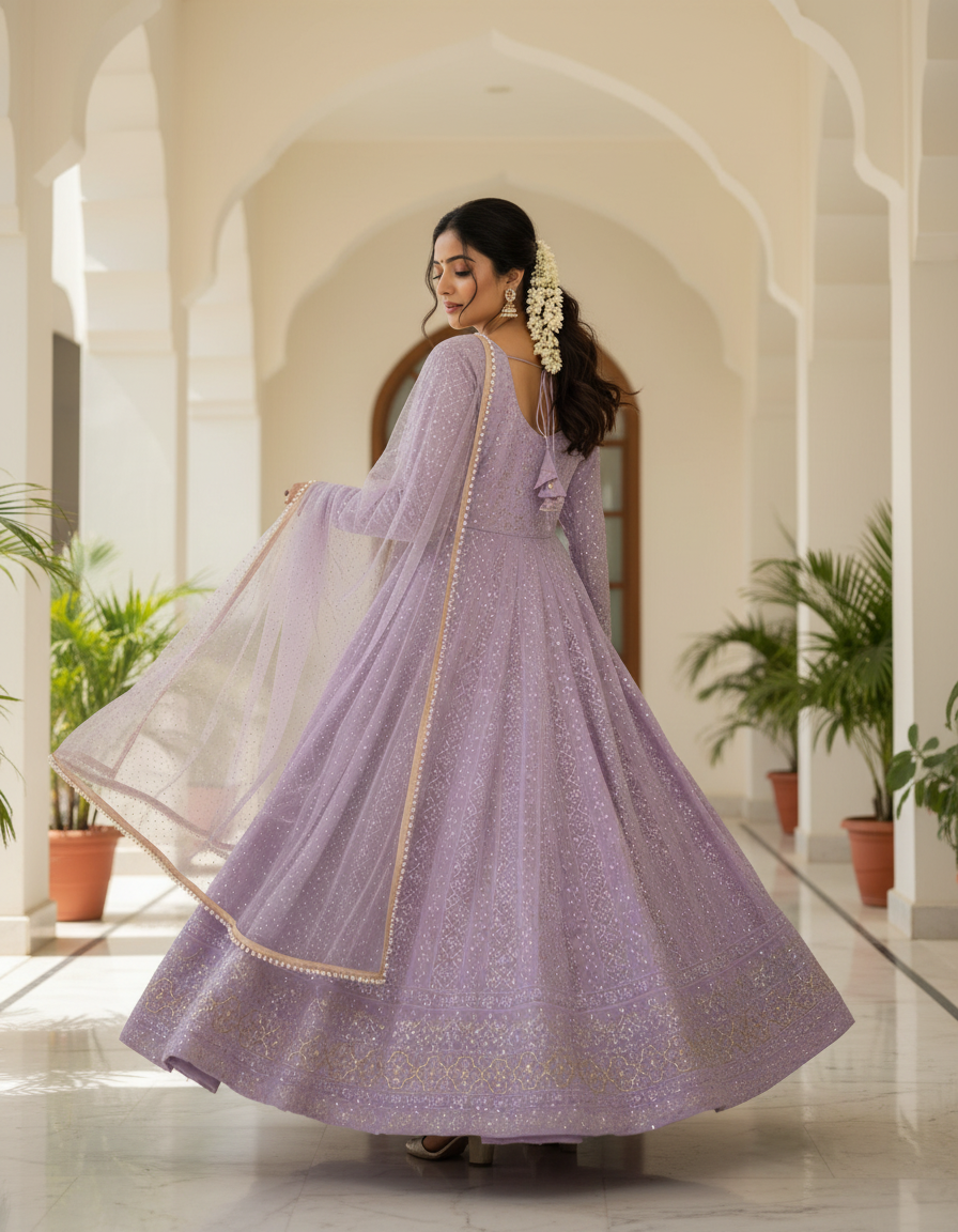 Lucknowi Special Premium Off-White Soft Georgette Anarkali Suit Set with 3mm Sequins & Zari Work
