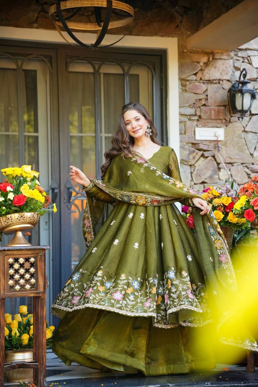 Premium Olive Green Soft Crunchy Silk Anarkali Gown with Multi-Embroidery & Sharara Set