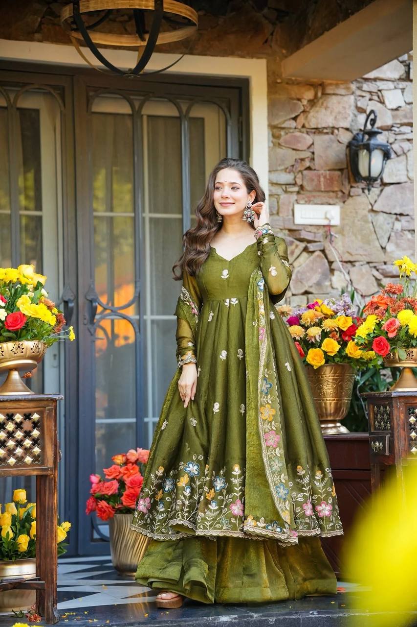 Premium Olive Green Soft Crunchy Silk Anarkali Gown with Multi-Embroidery & Sharara Set