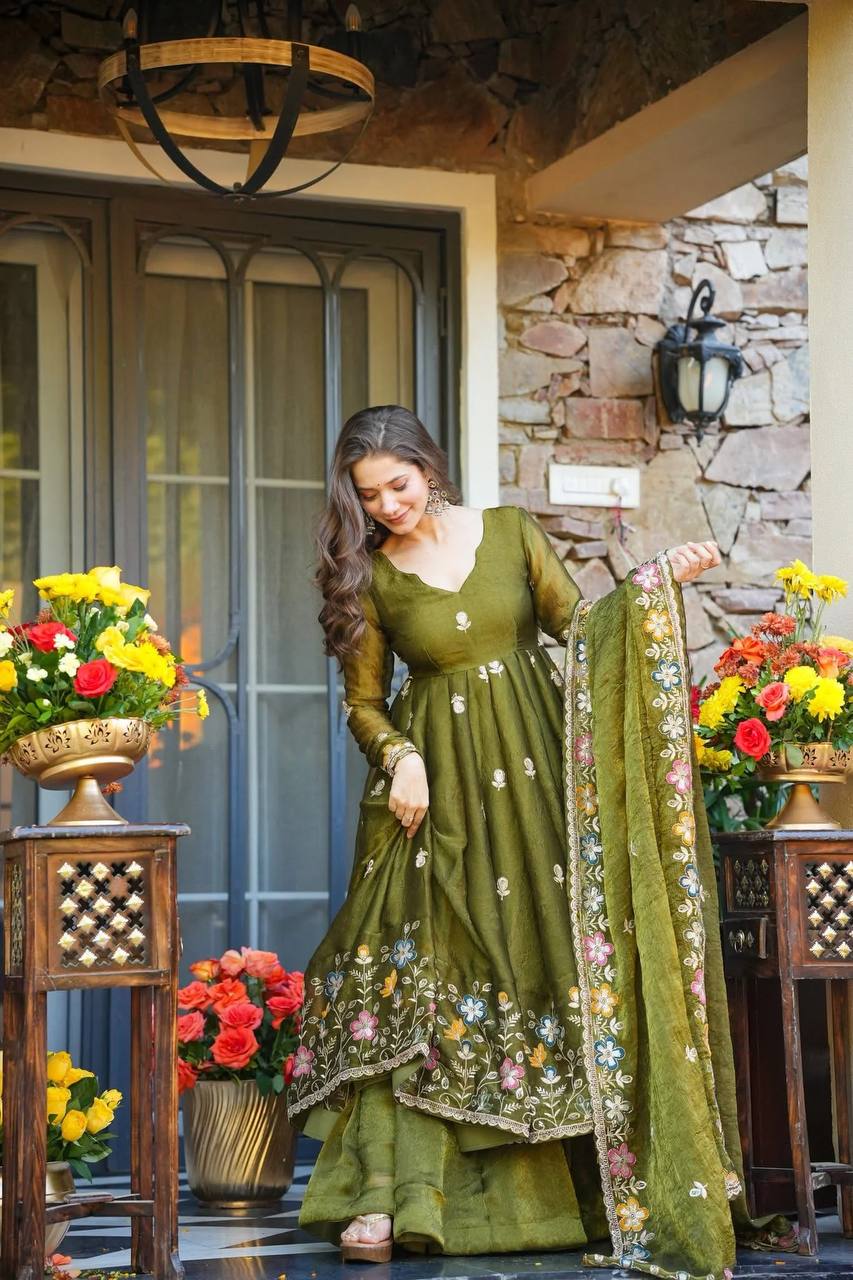 Premium Olive Green Soft Crunchy Silk Anarkali Gown with Multi-Embroidery & Sharara Set