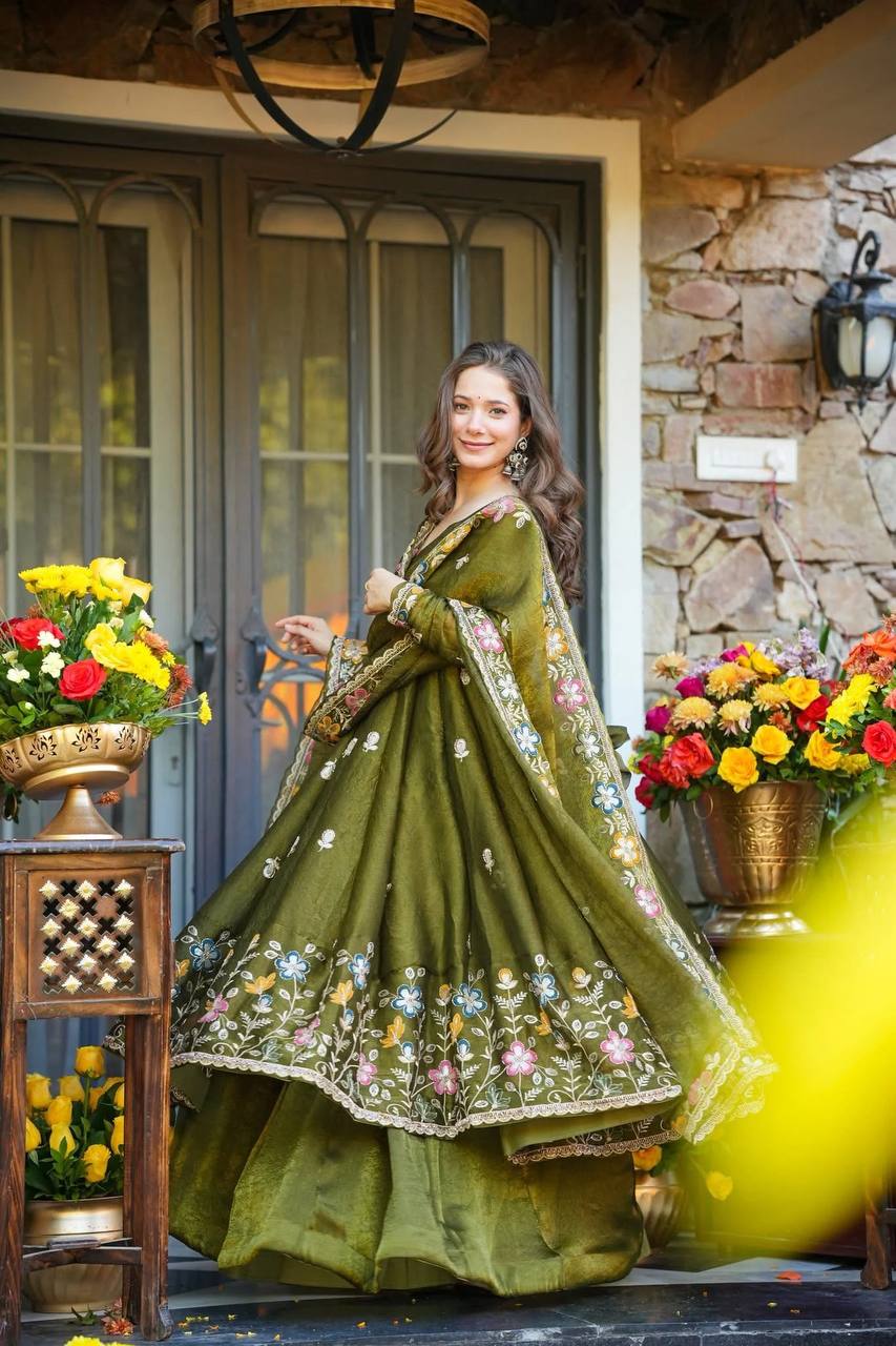 Premium Olive Green Soft Crunchy Silk Anarkali Gown with Multi-Embroidery & Sharara Set