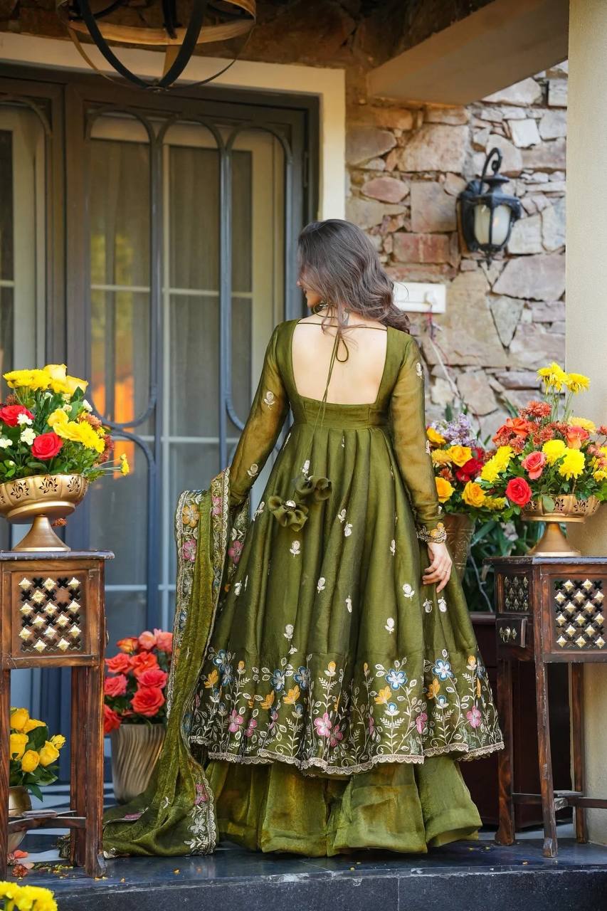 Premium Olive Green Soft Crunchy Silk Anarkali Gown with Multi-Embroidery & Sharara Set