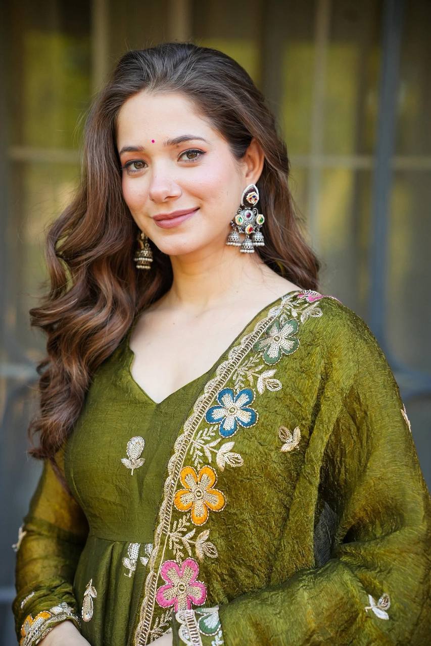 Premium Olive Green Soft Crunchy Silk Anarkali Gown with Multi-Embroidery & Sharara Set
