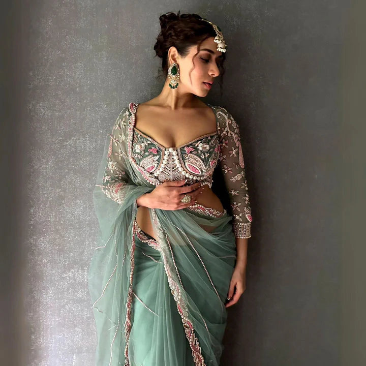 Premium Net Embroidered Saree with Kasturi Silk Blouse With Heavy Hand Pearl Work