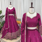 Premium Magenta Japan Satin Lehenga Choli Set with Sequins Work & Embroidered Dupatta