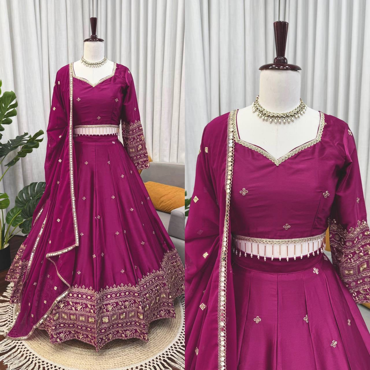 Premium Magenta Japan Satin Lehenga Choli Set with Sequins Work & Embroidered Dupatta