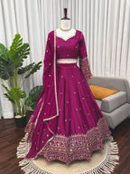 Premium Magenta Japan Satin Lehenga Choli Set with Sequins Work & Embroidered Dupatta