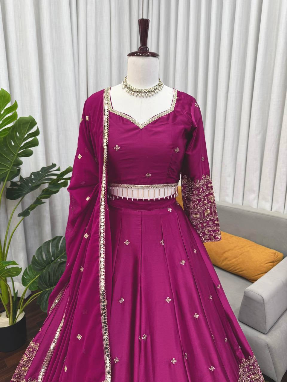 Premium Magenta Japan Satin Lehenga Choli Set with Sequins Work & Embroidered Dupatta