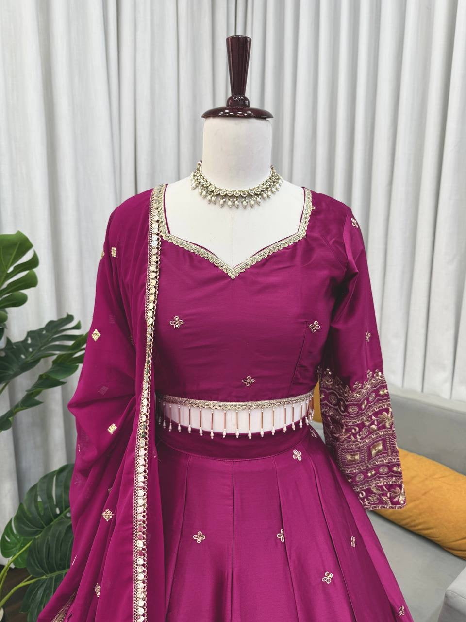 Premium Magenta Japan Satin Lehenga Choli Set with Sequins Work & Embroidered Dupatta