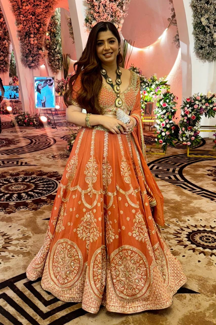 Orange Designer Georgette Lehenga Set with Sequins Embroidery & Dupatta – Wedding & Festive Wear