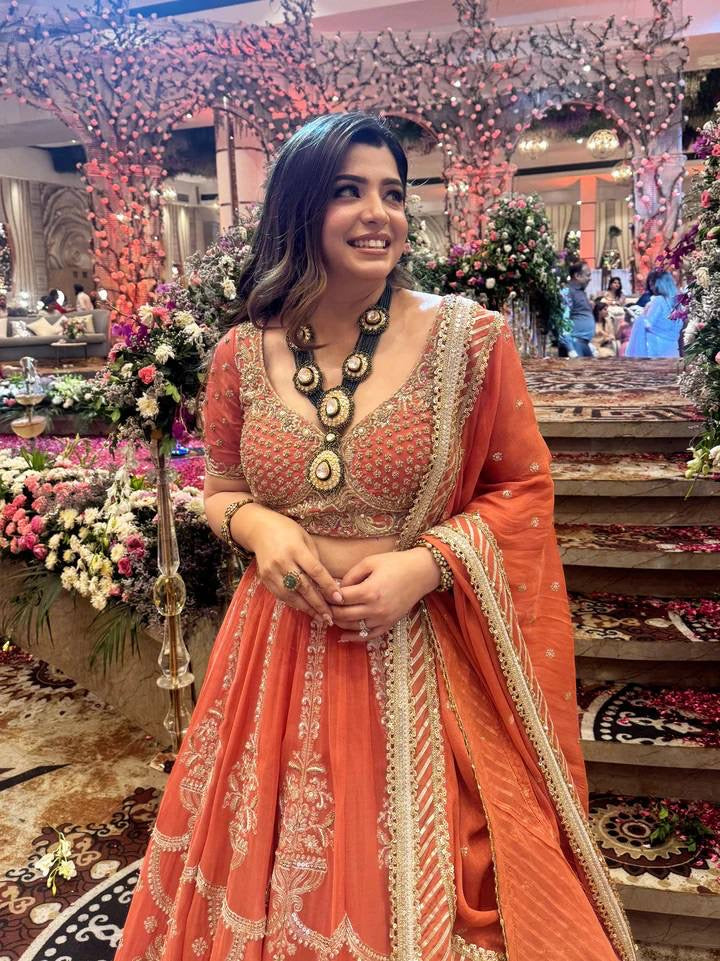 Orange Designer Georgette Lehenga Set with Sequins Embroidery & Dupatta – Wedding & Festive Wear