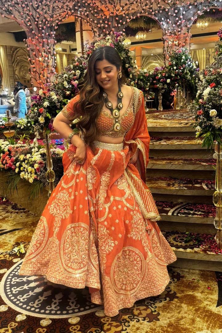 Orange Designer Georgette Lehenga Set with Sequins Embroidery & Dupatta – Wedding & Festive Wear