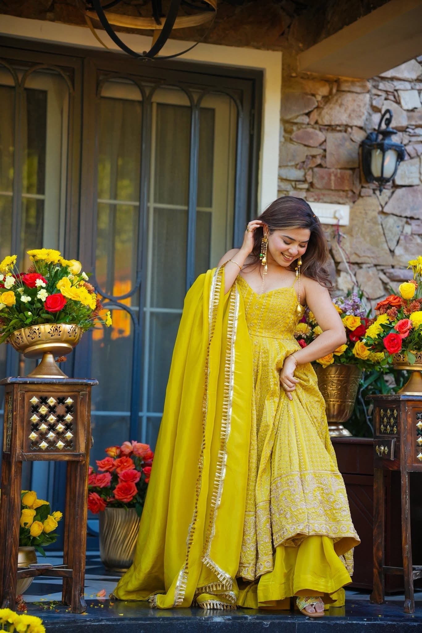 Vibrant Mustard Yellow Teby Organza Zari Embroidery Anarkali Suit Set