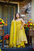 Vibrant Mustard Yellow Teby Organza Zari Embroidery Anarkali Suit Set
