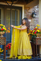 Vibrant Mustard Yellow Teby Organza Zari Embroidery Anarkali Suit Set
