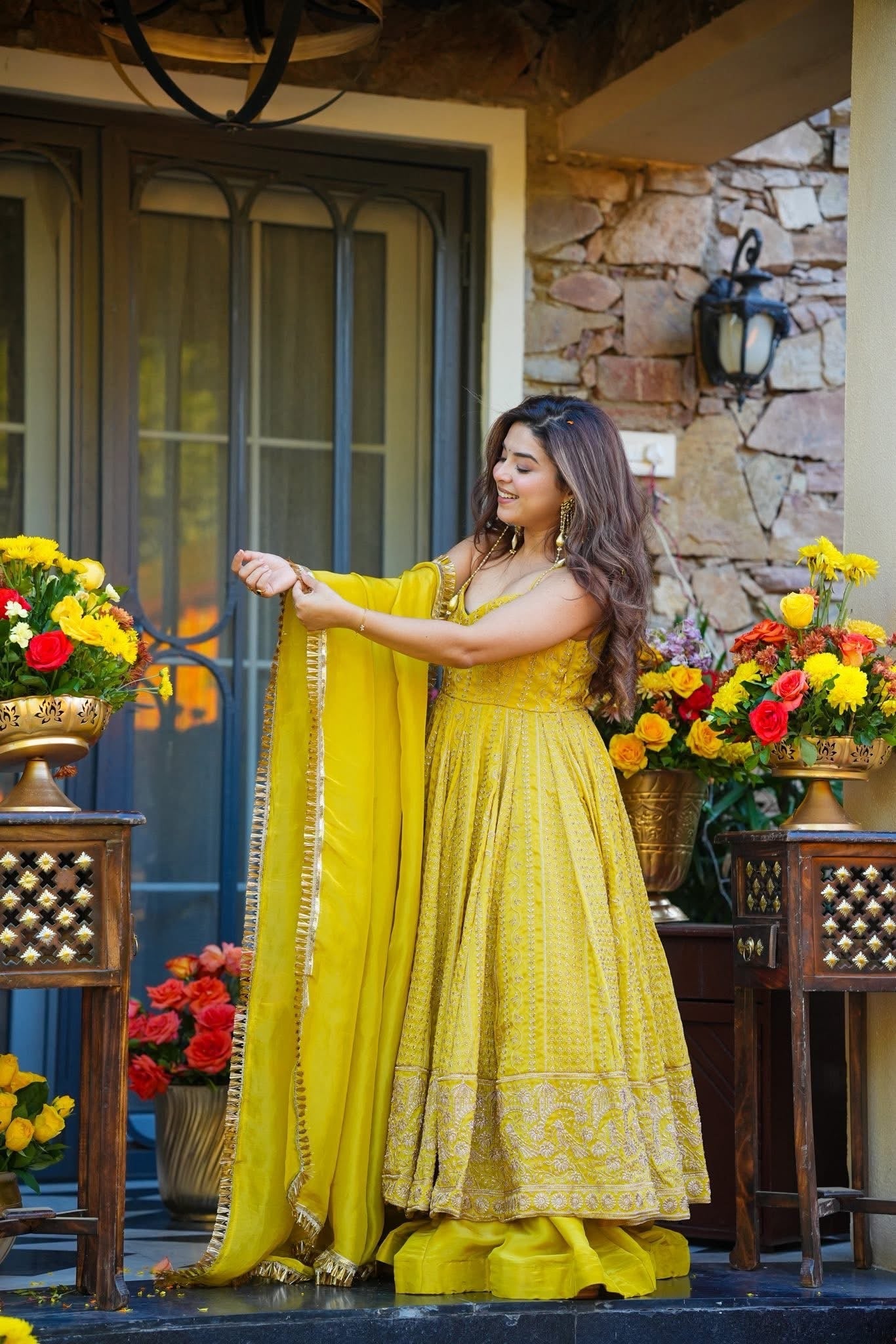 Vibrant Mustard Yellow Teby Organza Zari Embroidery Anarkali Suit Set