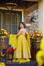 Vibrant Mustard Yellow Teby Organza Zari Embroidery Anarkali Suit Set